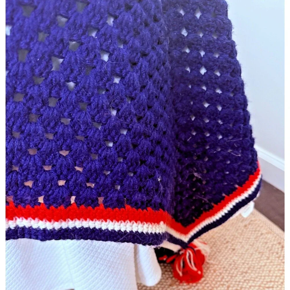 Vintage Large Crochet Afghan Blanket Throw Handmade 100” x 104” Red White & Blue